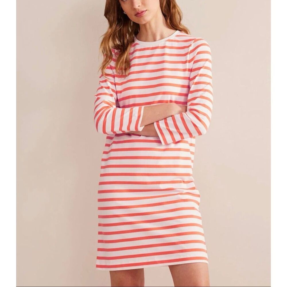 Boden Mini Dress Easy Fit Jersey NEW Striped Quarter Sleeve Orange White 6 Long